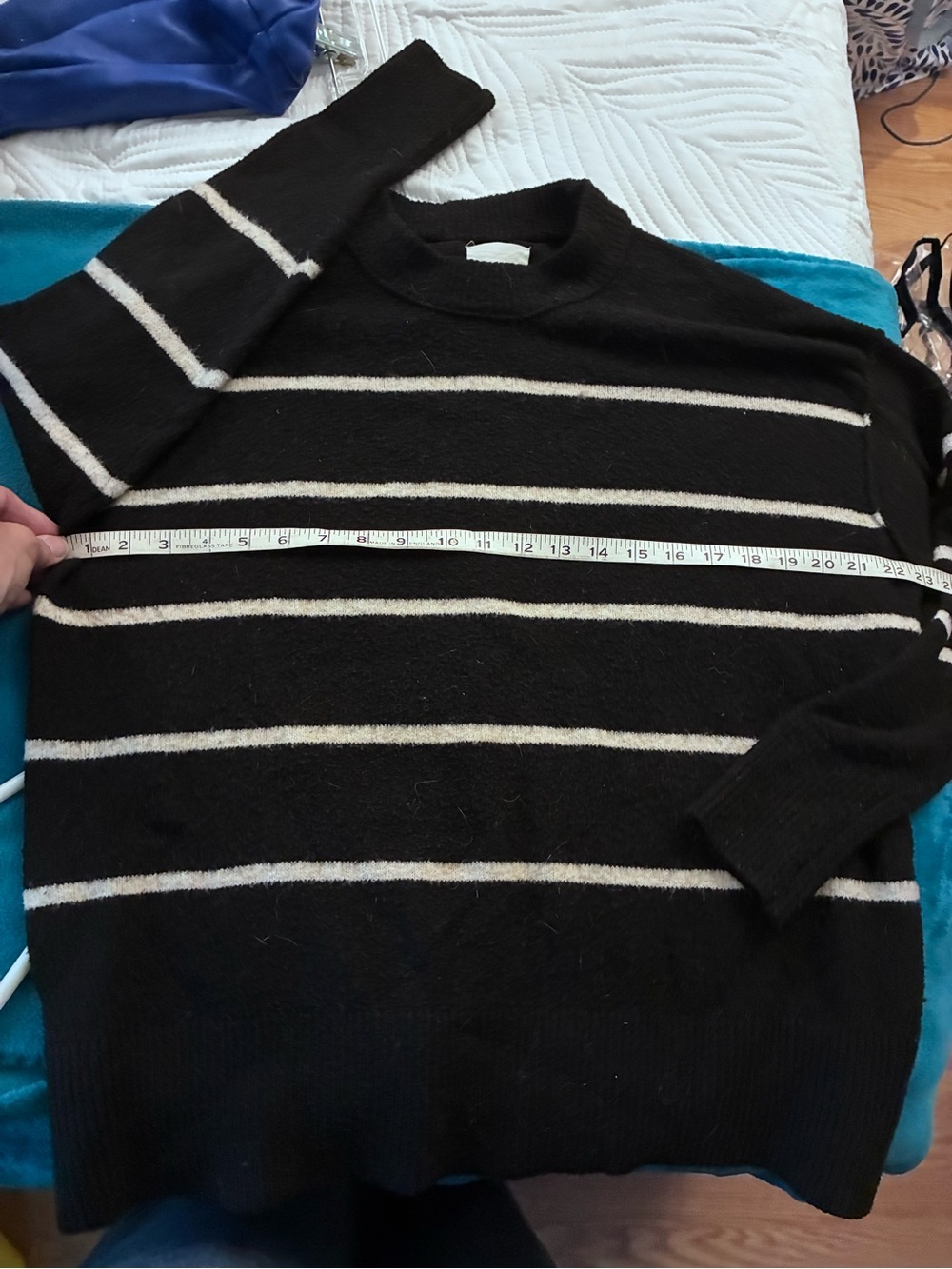 aerie Black Crewneck Sweater with Cream Stripes